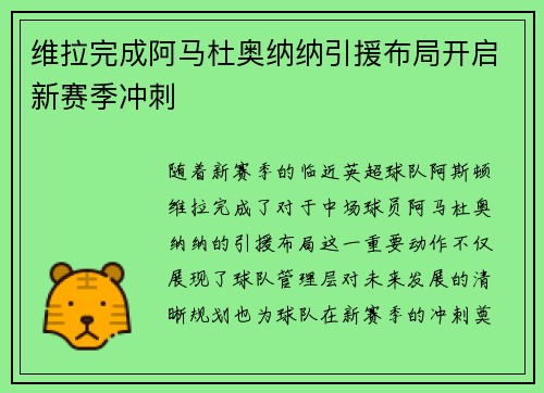 维拉完成阿马杜奥纳纳引援布局开启新赛季冲刺 维拉完成阿马杜奥纳纳引援布局开启新赛季冲刺