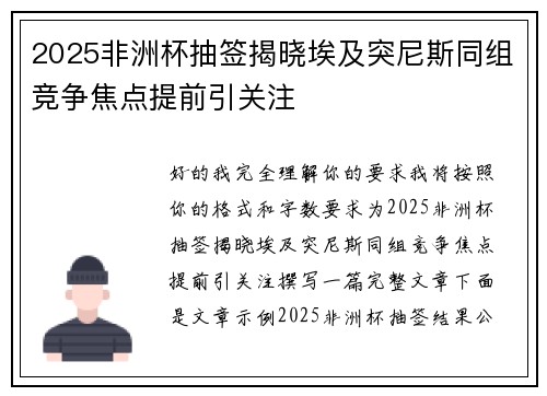 2025非洲杯抽签揭晓埃及突尼斯同组竞争焦点提前引关注
